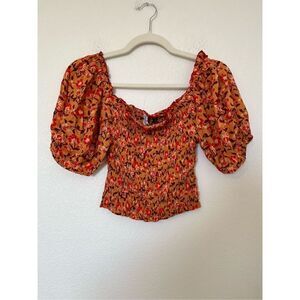 Floral Smocked Ruffle Sleeve Crop Top NEW